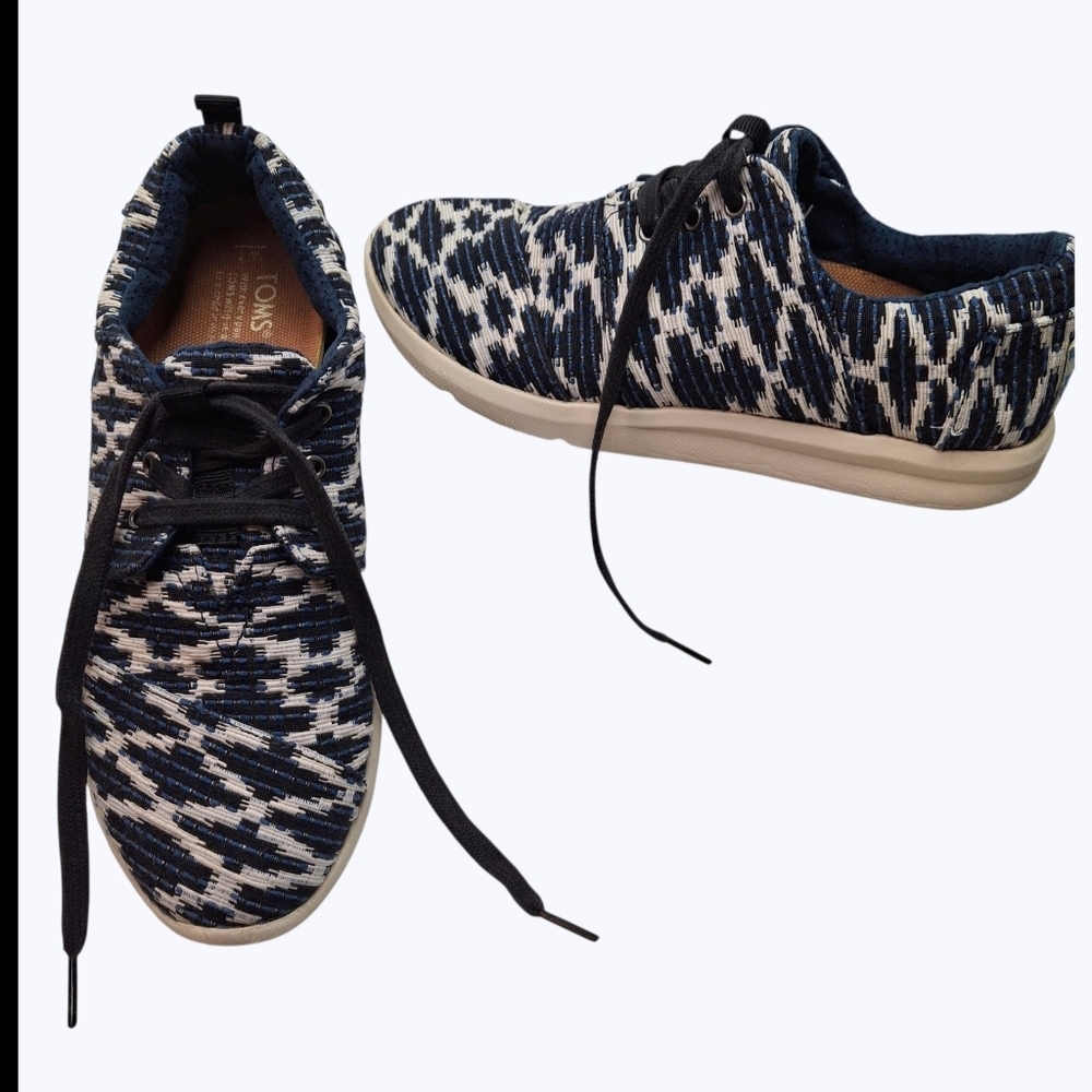 TOMS Del Rey Tribal Woven Textile Lace-Up Blue & White Sneakers Women Size 7